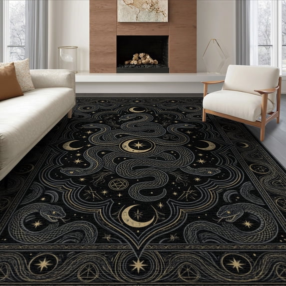 ODIKA 8'x10' Washable Area Rug Non-Shedding, Easy Care, Gothic Border Intertwined Serpents Esoteric Mysticism Halloween for King Size Bedroom Under Bed, Master Suite
