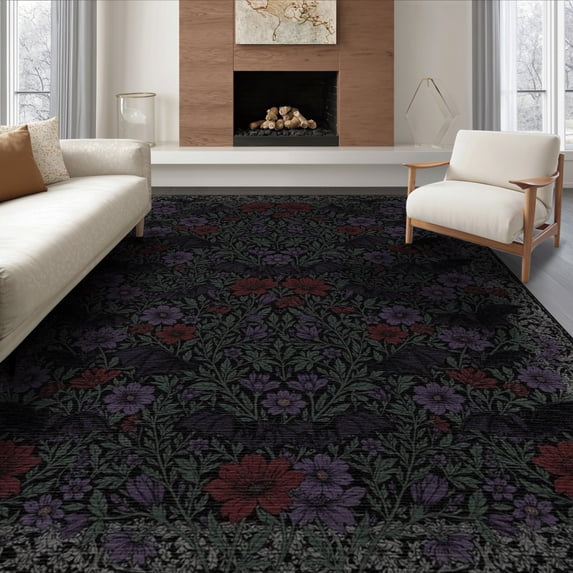 ODIKA 8'x10' Washable Area Rug Non-Shedding, Easy Care, Gothic Border Winged Creatures Purple Flowers Halloween Bat Ornamental for King Size Bedroom Under Bed, Master Suite