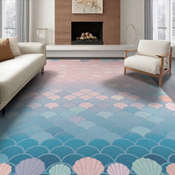 ODIKA 8'x10' Washable Area Rug Non-Shedding, Easy Care, Gradient Fish Scale Ombre Seashell Border Mermaid Flowing Dynamic for King Size Bedroom Under Bed, Master Suite