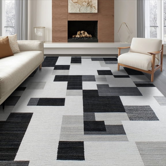 ODIKA 8'x10' Washable Area Rug Non-Shedding, Easy Care, Grey Abstract Contemporary Interlocking Shapes Minimalist Motif for King Size Bedroom Under Bed, Master Suite