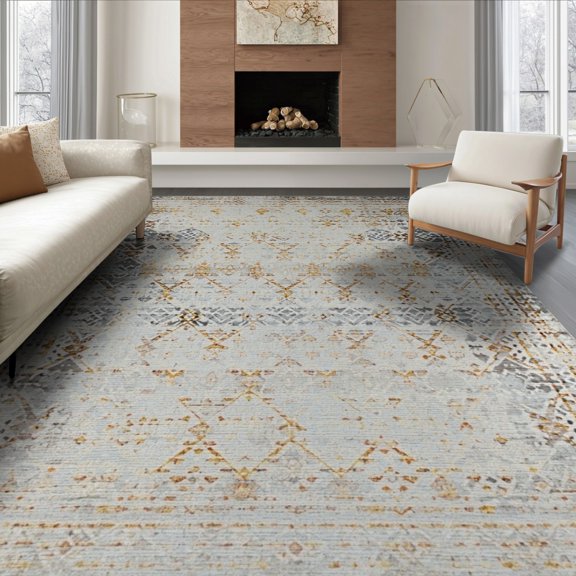 ODIKA 8'x10' Washable Area Rug Non-Shedding, Easy Care, Grey Tan Neutral Para Gold Design Boho Abstract Diamond Motif with Lattice for King Size Bedroom Under Bed, Master Suite