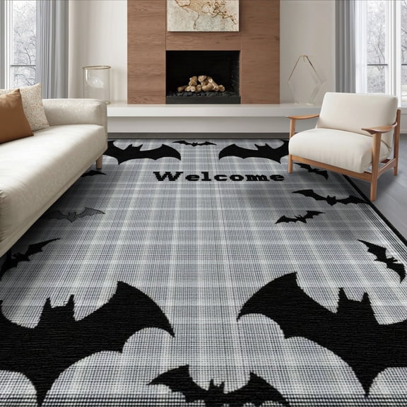 ODIKA 8'x10' Washable Area Rug Non-Shedding, Easy Care, Halloween Bat Checkered Welcome Spooky Plaid Graphics Design for King Size Bedroom Under Bed, Master Suite
