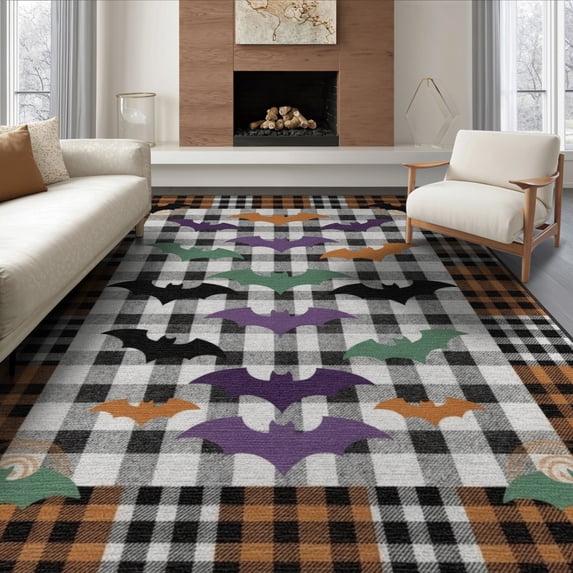 ODIKA 8'x10' Washable Area Rug Non-Shedding, Easy Care, Halloween Bat Welcome Checkered Plaid Spooky Layered Door Front for King Size Bedroom Under Bed, Master Suite