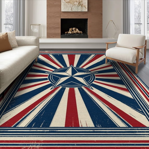 ODIKA 8'x10' Washable Area Rug Non-Shedding, Easy Care, Independence Day With Faded Star Design And Radiating Stripes for King Size Bedroom Under Bed, Master Suite