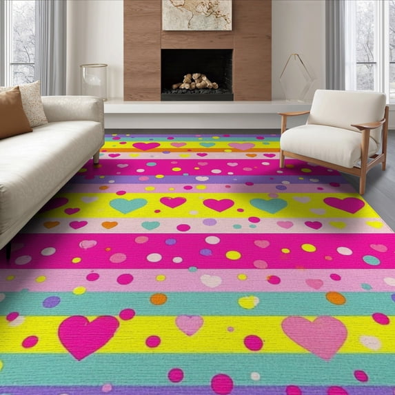 ODIKA 8'x10' Washable Area Rug Non-Shedding, Easy Care, Large Confetti Pink Dots Whimsical Borders Ombre Gradient Watercolor for King Size Bedroom Under Bed, Master Suite