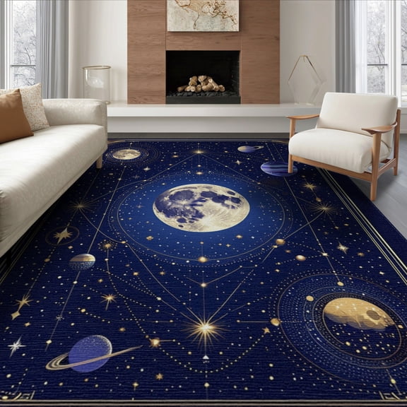 ODIKA 8'x10' Washable Area Rug Non-Shedding, Easy Care, Large Galaxy Planetary Constellation Starry Planets Stars Themed for King Size Bedroom Under Bed, Master Suite