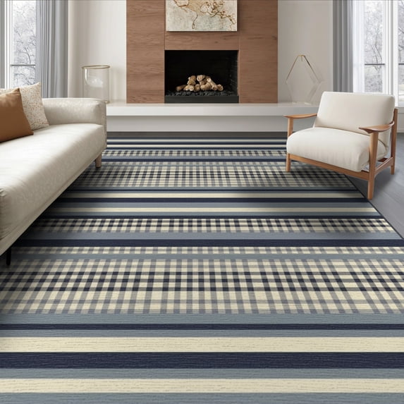 ODIKA 8'x10' Washable Area Rug Non-Shedding, Easy Care, Layering Striped Plaid Checks Farmhouse Rectangular Felpudo Gingham for King Size Bedroom Under Bed, Master Suite