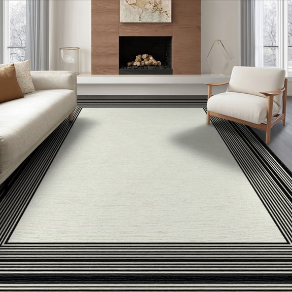 ODIKA 8'x10' Washable Area Rug Non-Shedding, Easy Care, Lettered Border Design With Modern Farmhouse Stripe Accents Entry Welcome for King Size Bedroom Under Bed, Master Suite