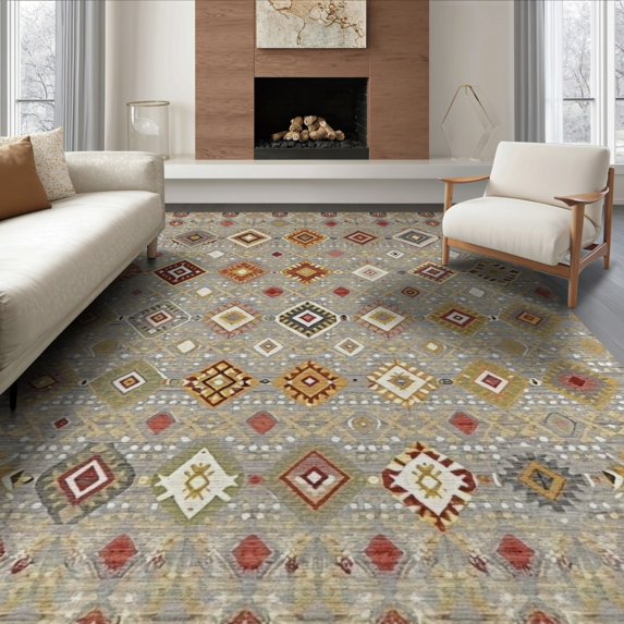 ODIKA 8'x10' Washable Area Rug Non-Shedding, Easy Care, Media Abstract Large Boho Tone Motif Grey Livingroom Patterned for King Size Bedroom Under Bed, Master Suite
