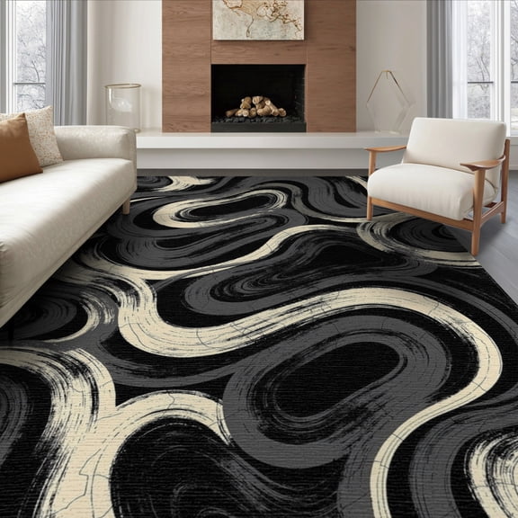 ODIKA 8'x10' Washable Area Rug Non-Shedding, Easy Care, Modern Brushstroke Art With Interlocking Marble Swirl Motif Abstract Flowing for King Size Bedroom Under Bed, Master Suite