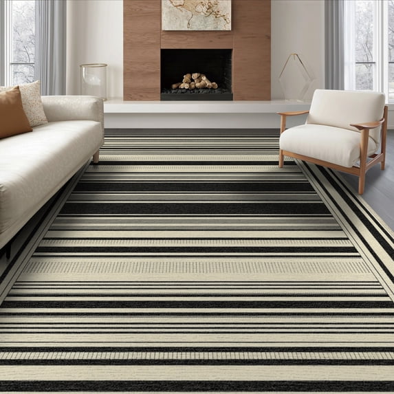 ODIKA 8'x10' Washable Area Rug Non-Shedding, Easy Care, Modern Farmhouse With Bold Pinstripe And Banded Border Striped Flowing Dynamic for King Size Bedroom Under Bed, Master Suite