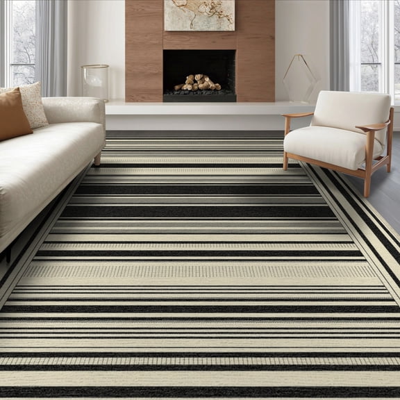 ODIKA 8'x10' Washable Area Rug Non-Shedding, Easy Care, Modern Farmhouse With Bold Pinstripe And Banded Border Striped Flowing Dynamic for King Size Bedroom Under Bed, Master Suite