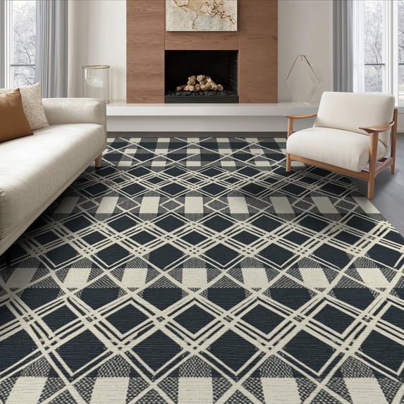 ODIKA 8'x10' Washable Area Rug Non-Shedding, Easy Care, Modern Farmhouse Grid Layout Evenly Spaced Geometric Diamond Accents for King Size Bedroom Under Bed, Master Suite