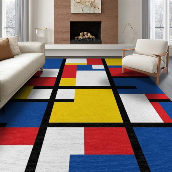 ODIKA 8'x10' Washable Area Rug Non-Shedding, Easy Care, Modernist Block Grid Yellow Composition Abstract Interlocking Playful Expressive for King Size Bedroom Under Bed, Master Suite