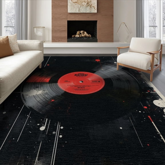 ODIKA 8'x10' Washable Area Rug Non-Shedding, Easy Care, Music Vinyl Note Record Abstract Grunge Disc Motif Round Movie for King Size Bedroom Under Bed, Master Suite