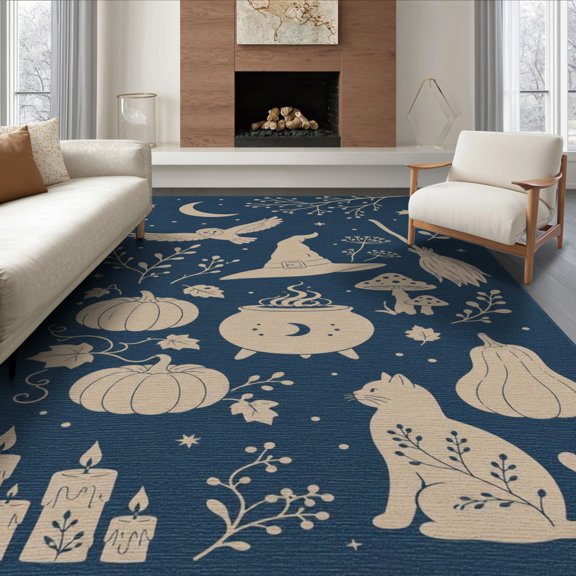 ODIKA 8'x10' Washable Area Rug Non-Shedding, Easy Care, Navy Beige Moonlit Creatures Design Whimsical Halloween Motif with Owls and Cats for King Size Bedroom Under Bed, Master Suite