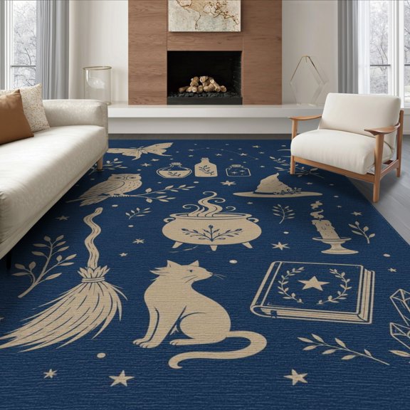 ODIKA 8'x10' Washable Area Rug Non-Shedding, Easy Care, Navy Enchanted Nighttime Whimsy Illustration Moonlit Owls, Potions, and Mystical for King Size Bedroom Under Bed, Master Suite