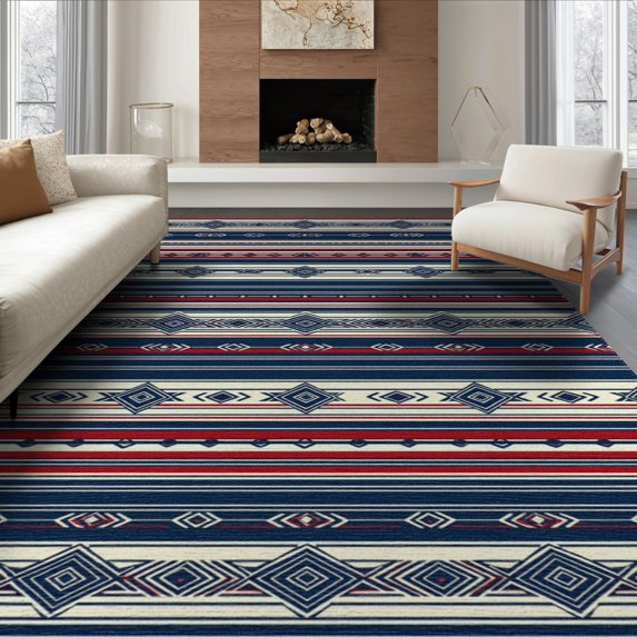 ODIKA 8'x10' Washable Area Rug Non-Shedding, Easy Care, Navy Motifs Banded Borders Strip Mudroom Nautical Striped Boho Refined for King Size Bedroom Under Bed, Master Suite