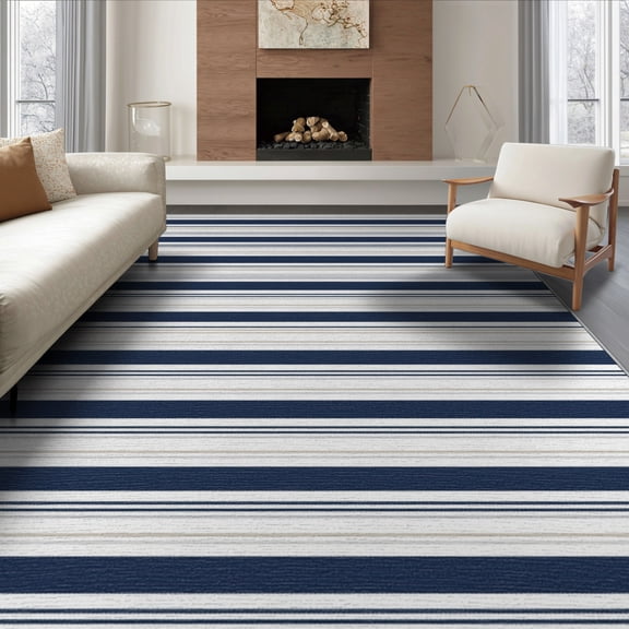 ODIKA 8'x10' Washable Area Rug Non-Shedding, Easy Care, Navy Wide Striped Horizontal Bands Alternating Lines Stripe Playroom for King Size Bedroom Under Bed, Master Suite
