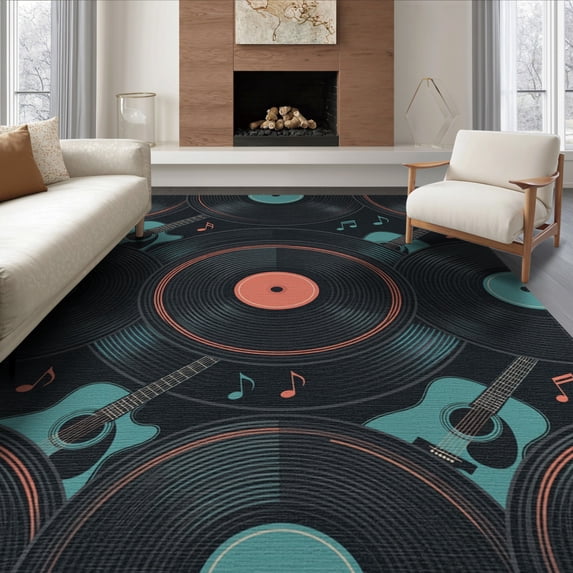 ODIKA 8'x10' Washable Area Rug Non-Shedding, Easy Care, Note Guitar Vinyl Disc Border Shape Motifs Piano Keyboard Music Cd Refined for King Size Bedroom Under Bed, Master Suite