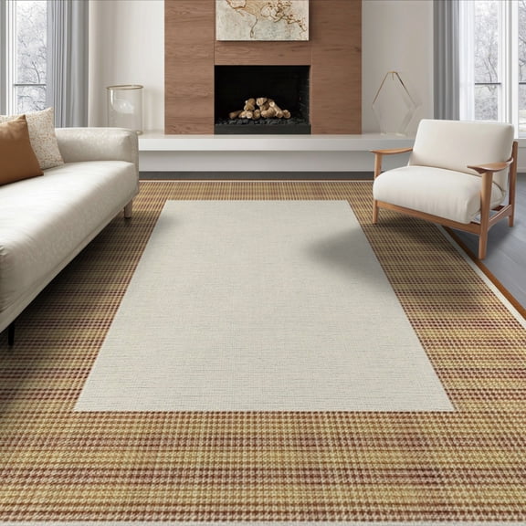 ODIKA 8'x10' Washable Area Rug Non-Shedding, Easy Care, Nursey Plaid Gingham Checkered Bordered Farmhouse Neutral Nirsery for King Size Bedroom Under Bed, Master Suite