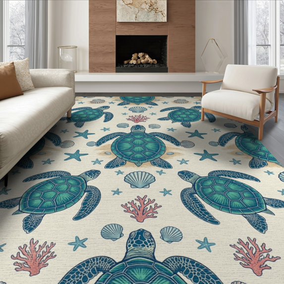 ODIKA 8'x10' Washable Area Rug Non-Shedding, Easy Care, Ocean Beachy Entry Themed Teal Bathroom Long Nautical Turtle Refined Structured for King Size Bedroom Under Bed, Master Suite