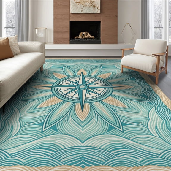 ODIKA 8'x10' Washable Area Rug Non-Shedding, Easy Care, Oceanic Compass Turtle Motif Seafoam Wave Frame Map for King Size Bedroom Under Bed, Master Suite