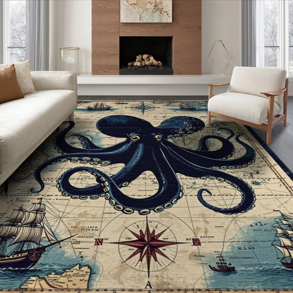 ODIKA 8'x10' Washable Area Rug Non-Shedding, Easy Care, Octopus Cartoon Kraken Pirate Map With Abstract Nautical Compass Border for King Size Bedroom Under Bed, Master Suite