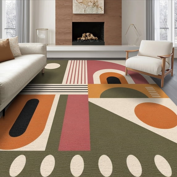 ODIKA 8'x10' Washable Area Rug Non-Shedding, Easy Care, Olive Pink Geometric Artistic Design Elegant Rectangular Motif with Stripes for King Size Bedroom Under Bed, Master Suite