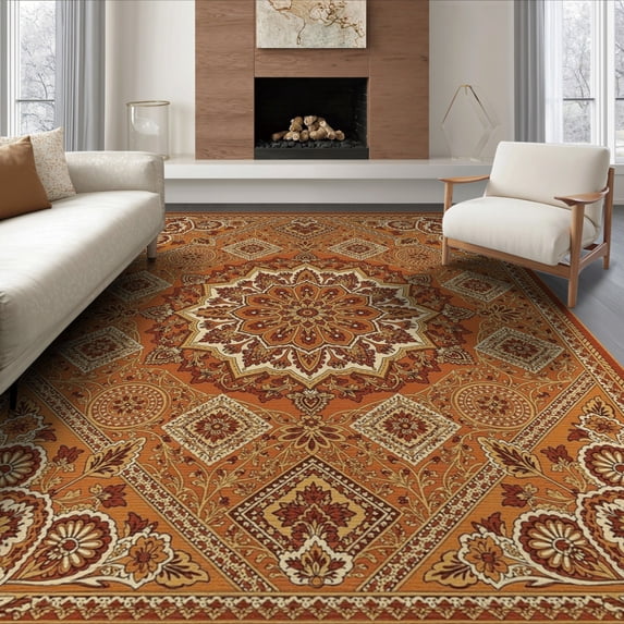 ODIKA 8'x10' Washable Area Rug Non-Shedding, Easy Care, Orange Deep Red Fall Rust Vintage Ornate Floral Rosette with Distressed Accents for King Size Bedroom Under Bed, Master Suite