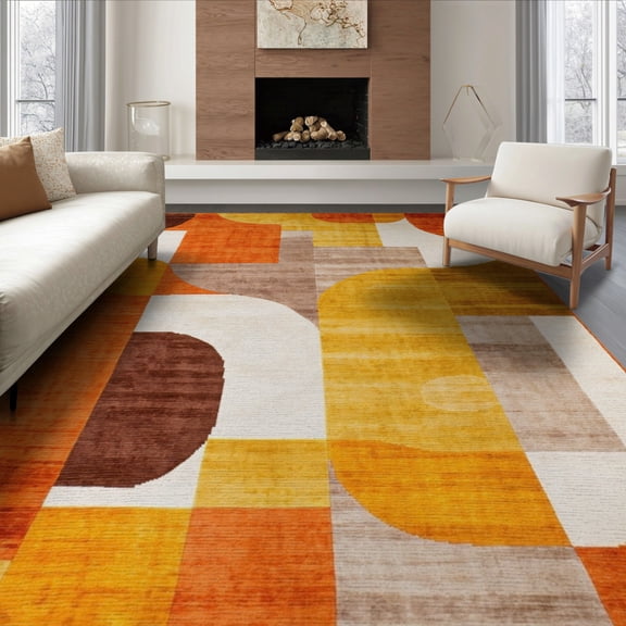 ODIKA 8'x10' Washable Area Rug Non-Shedding, Easy Care, Orange Retro Geometric Abstract Expressionist Contemporary Mid for King Size Bedroom Under Bed, Master Suite