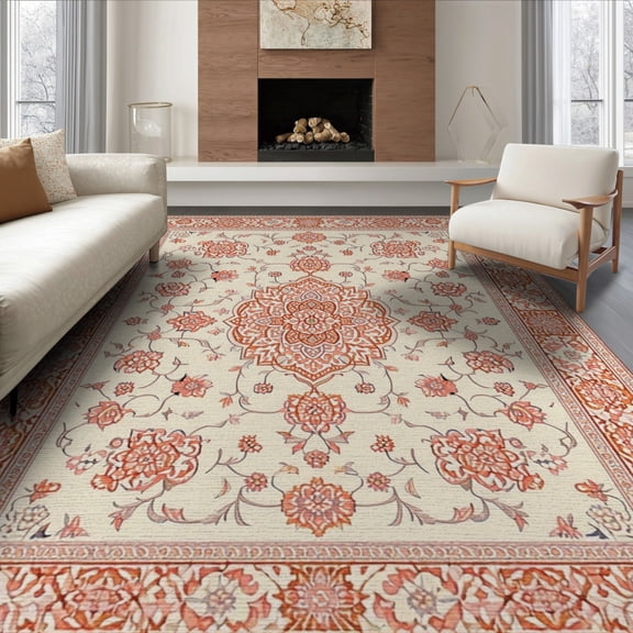 ODIKA 8'x10' Washable Area Rug Non-Shedding, Easy Care, Peach Boho Medallion With Vintage Floral Scroll And Bordered Trellis for King Size Bedroom Under Bed, Master Suite