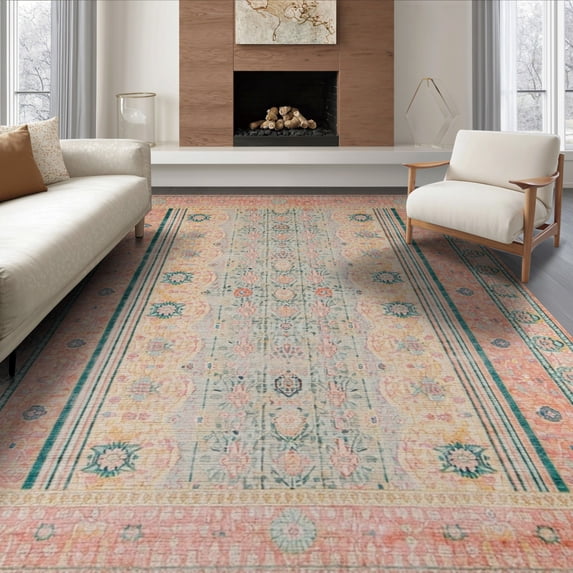 ODIKA 8'x10' Washable Area Rug Non-Shedding, Easy Care, Peach Vintage Stripe Boho Scroll Bordered Trellis Distressed for King Size Bedroom Under Bed, Master Suite