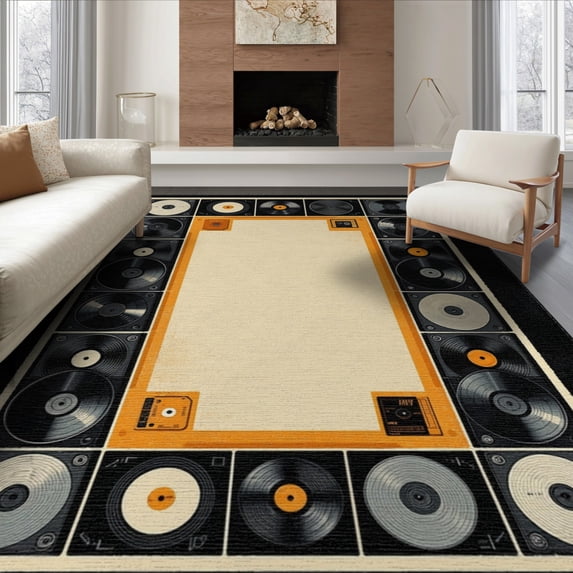 ODIKA 8'x10' Washable Area Rug Non-Shedding, Easy Care, Personalized Album Cover Retro Vinyl Record Movie Theater for King Size Bedroom Under Bed, Master Suite