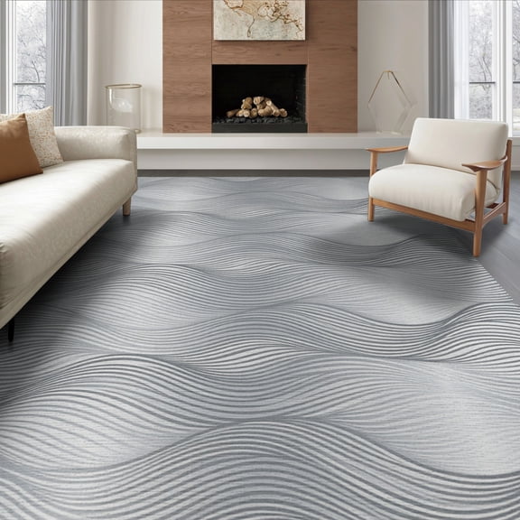 ODIKA 8'x10' Washable Area Rug Non-Shedding, Easy Care, Pile Neutral Horizontal Rhythmic Monochrome Textured Covering for King Size Bedroom Under Bed, Master Suite