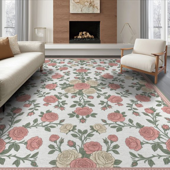 ODIKA 8'x10' Washable Area Rug Non-Shedding, Easy Care, Pink Bedside Symmetrical Bouquet Trailing Botanical Throw Tug for King Size Bedroom Under Bed, Master Suite