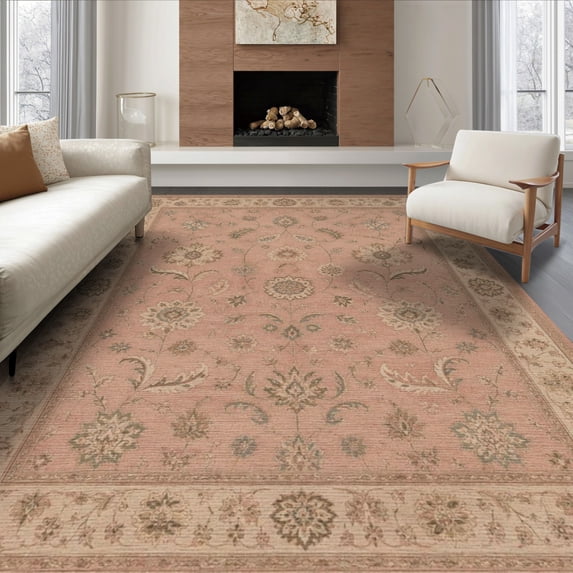 ODIKA 8'x10' Washable Area Rug Non-Shedding, Easy Care, Pink Blush Floral Elegance with Classic Motifs Intricate Garden Design Symmetrical Borders for King Size Bedroom Under Bed, Master Suite
