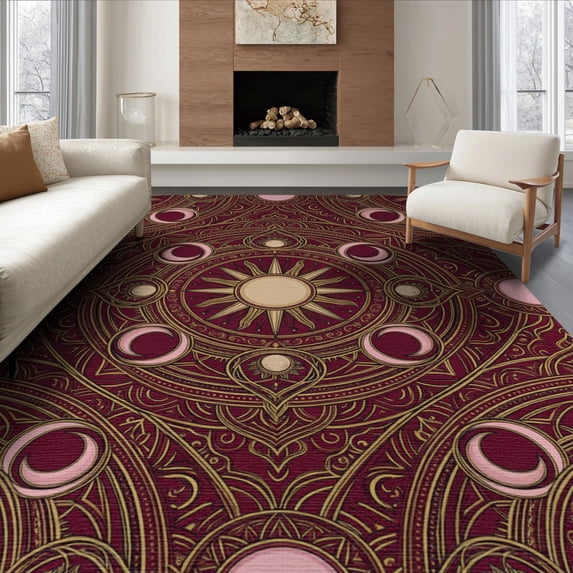 ODIKA 8'x10' Washable Area Rug Non-Shedding, Easy Care, Pink Boho Maximalist Interlocking Rings Symmetrical Border Retro for King Size Bedroom Under Bed, Master Suite