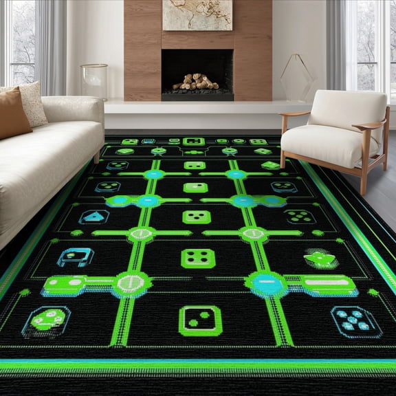 ODIKA 8'x10' Washable Area Rug Non-Shedding, Easy Care, Pink Gamer Arcade Dice Video Gamepad Boho Retro Joystick Symbols with Pixel Frame for King Size Bedroom Under Bed, Master Suite