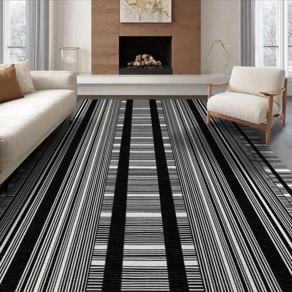 ODIKA 8'x10' Washable Area Rug Non-Shedding, Easy Care, With Pinstripe Accents And Ticking Stripe Bands Striped Boho Refined Structured for King Size Bedroom Under Bed, Master Suite
