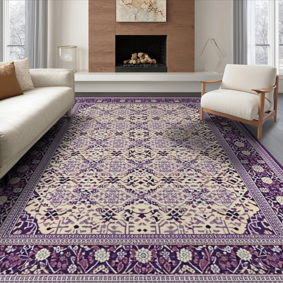 ODIKA 8'x10' Washable Area Rug Non-Shedding, Easy Care, Plum Boho Floral Trellis With Geometric Diamond Lattice Accents for King Size Bedroom Under Bed, Master Suite
