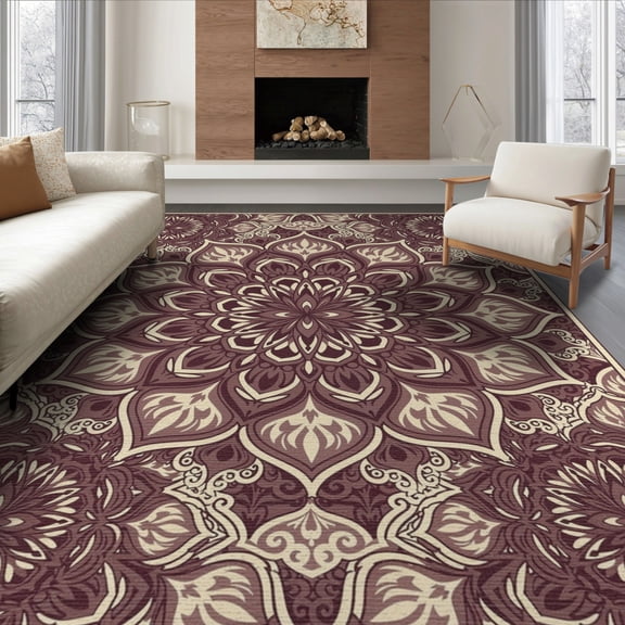 ODIKA 8'x10' Washable Area Rug Non-Shedding, Easy Care, Plum Purple Boho Scroll Border Fuzzy Abstract Swirl Ombre for King Size Bedroom Under Bed, Master Suite