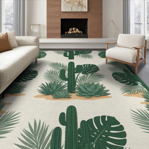 ODIKA 8'x10' Washable Area Rug Non-Shedding, Easy Care, Print Monstera Motif Forest Sunset Abstract Round Botanical Mid Refined for King Size Bedroom Under Bed, Master Suite