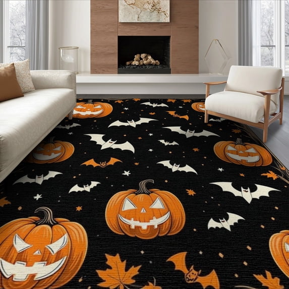 ODIKA 8'x10' Washable Area Rug Non-Shedding, Easy Care, Pumpkin Spooky Ghost Bat Swarm Vintage Frame Halloween Motif for King Size Bedroom Under Bed, Master Suite