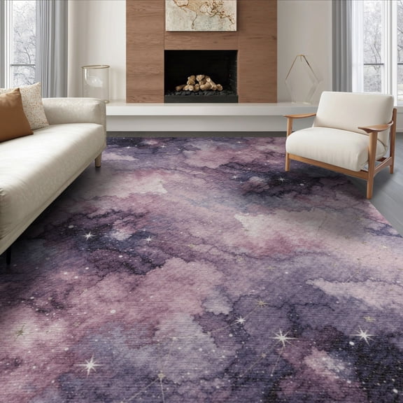 ODIKA 8'x10' Washable Area Rug Non-Shedding, Easy Care, Purple Galaxy Starry Watercolor Nebula Scattered Constellation for King Size Bedroom Under Bed, Master Suite