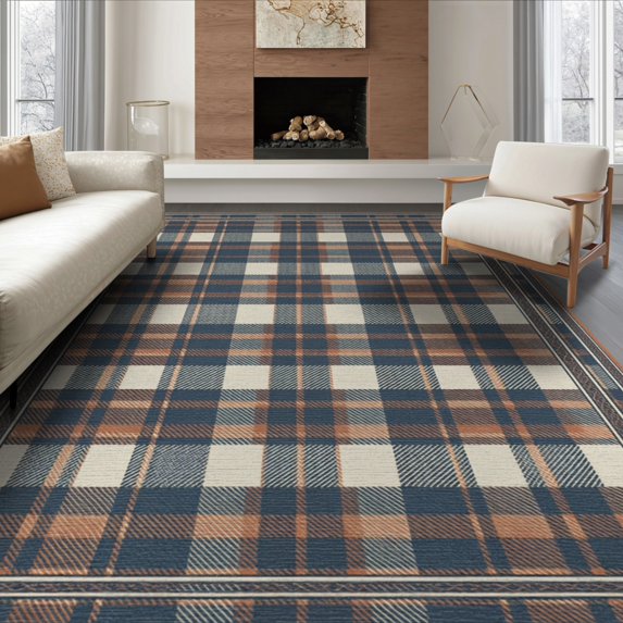 ODIKA 8'x10' Washable Area Rug Non-Shedding, Easy Care, Rag Faded Layered Terracotta Slate Grid Farmhouse Diagonal Doormat for King Size Bedroom Under Bed, Master Suite