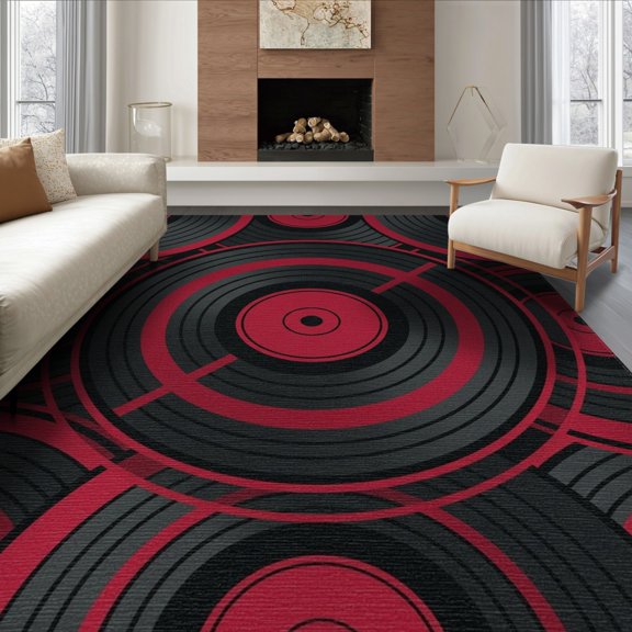 ODIKA 8'x10' Washable Area Rug Non-Shedding, Easy Care, Record Retro Spinning Concentric Groove Grooves Disc Vinyl Cd Playful Expressive for King Size Bedroom Under Bed, Master Suite