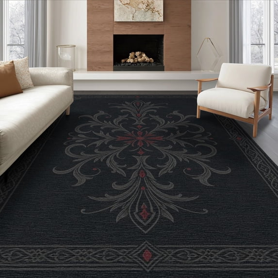 ODIKA 8'x10' Washable Area Rug Non-Shedding, Easy Care, Red Dark Charcoal Ornate Scrollwork Intricate Floral Motif with Elegant Borders for King Size Bedroom Under Bed, Master Suite