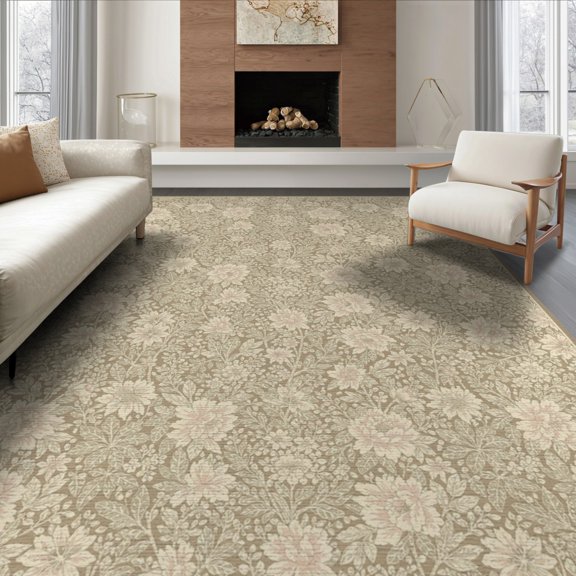 ODIKA 8'x10' Washable Area Rug Non-Shedding, Easy Care, Round Botanical Shaped Motif Traditional Flower Border Solid for King Size Bedroom Under Bed, Master Suite