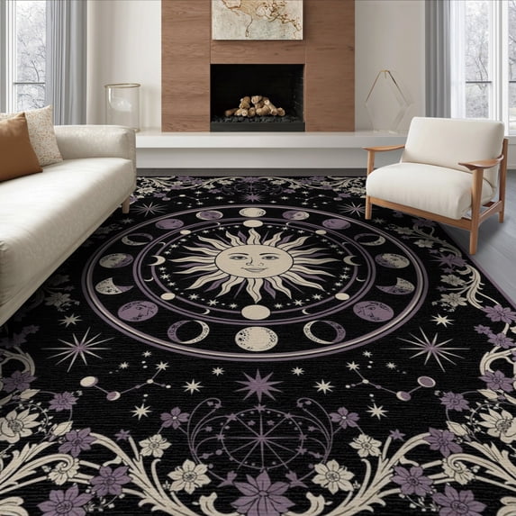 ODIKA 8'x10' Washable Area Rug Non-Shedding, Easy Care, Round Circle Mystical Lunar Phase Ornamental Frame Distressed for King Size Bedroom Under Bed, Master Suite